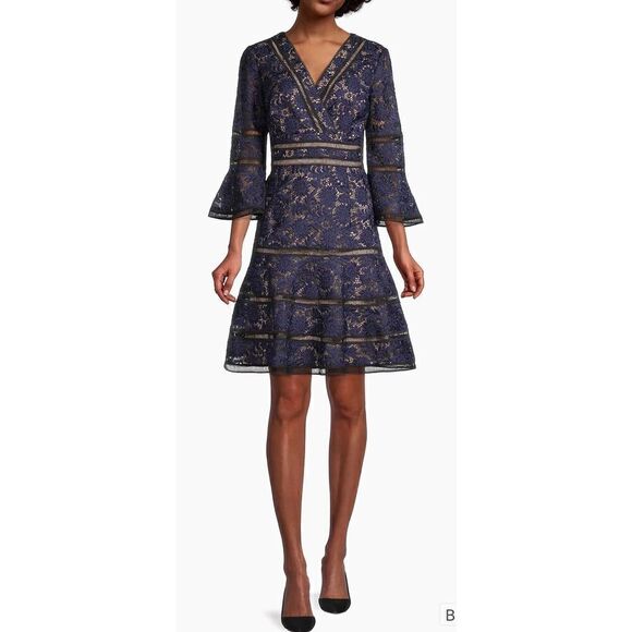 Shani Floral Jacquard Lattice Trim Fit & Flare Midi-Dress in Black/Blue NWOT Siz - Picture 1 of 8